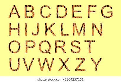 Tiger alphabet, vector font with wild pattern vector illustration isolated on background. Animal words print, tiger letters sign.