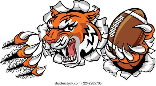 A tiger American Football player cartoon animal sports mascot holding a ball in its claw