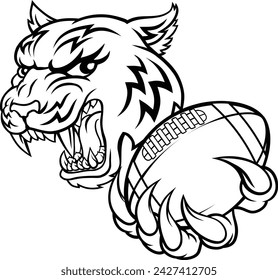 A tiger American Football player cartoon animal sports mascot holding a ball in its claw