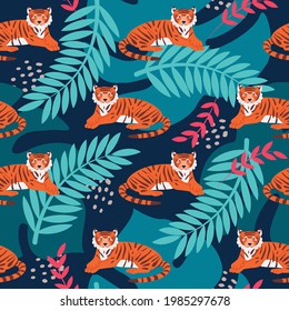 Tiger among tropical plants, a bright vector seamless pattern in a cartoon flat style. Wallpaper, packaging paper, fabric, postcard design.