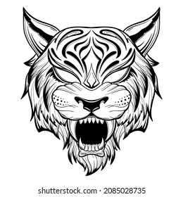 Tiger anger. Black tattoo. Vector illustration of a tiger head.