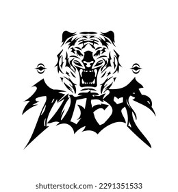 Tiger anger. Black tattoo. Vector illustration of a tiger head. 