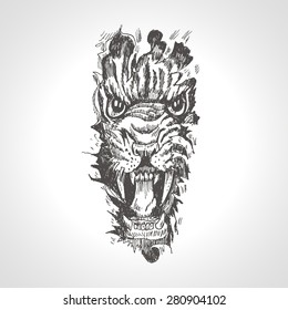 Tiger anger. Black tattoo. Vector illustration of a snarling tiger head breaking through ripping tearing and scratching the wall