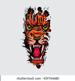 Tiger anger. Colorful tattoo. Vector illustration of a snarling tiger head breaking through ripping tearing and scratching the wall