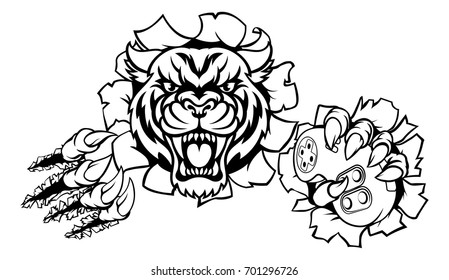 A Tiger angry animal esports video games player gamer mascot holding a controller and breaking through the background