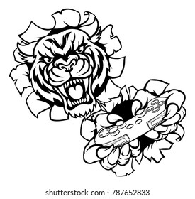 A Tiger angry animal esports video games player gamer mascot holding a controller and ripping through the background