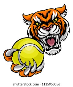 A Tiger angry animal sports mascot holding a tennis ball 