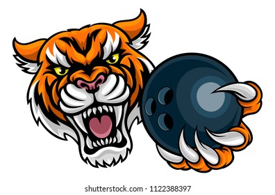 A tiger angry animal sports mascot holding a ten pin bowling ball 