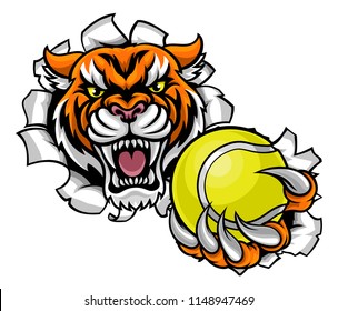 A Tiger angry animal sports mascot holding a tennis ball and breaking through the background with its claws