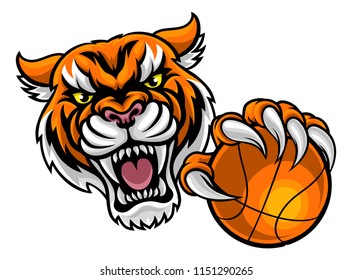 A Tiger angry animal sports mascot holding a basketball ball 