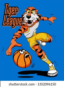 A Tiger Angry Animal Sports Mascot Holding A Basketball Ball 