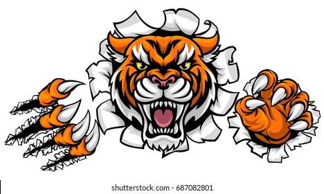 A Tiger angry animal sports mascot breaking through the background with its claws