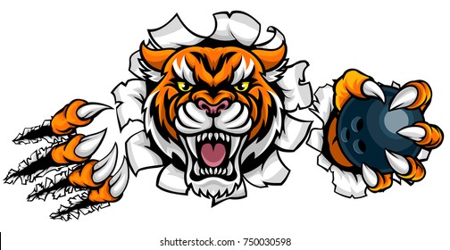 A Tiger angry animal sports mascot holding a ten pin bowling ball and breaking through the background with its claws