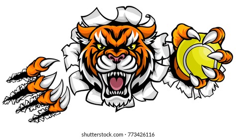 A Tiger angry animal sports mascot holding a tennis ball and breaking through the background with its claws