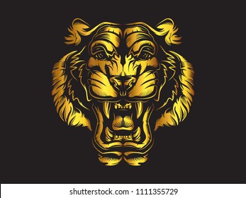 Tiger angry face gold tattoo. Vector illustration of big cat head. Tiger angry logo. Safari animal.