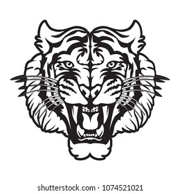 Tiger angry face tattoo. Vector illustration of big tiger head. Tiger angry logo. Safari wild animal. Safari tattoo sketch. Jungle wild animal.