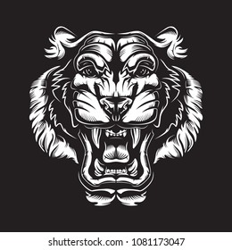 Tiger angry face tattoo. Vector illustration of big tiger head. Tiger angry logo. Safari wild animal. Safari tattoo sketch. Jungle wild animal.
