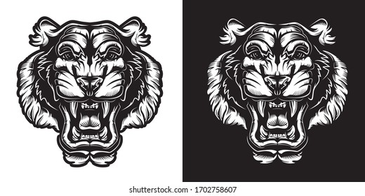 Tiger angry face tattoo. Vector illustration of big cat head. 