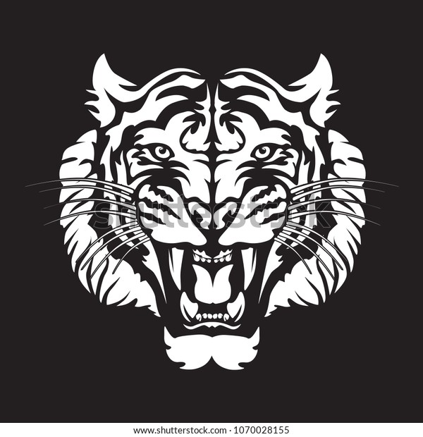 白い背景に怒り狂う虎の頭のロゴ 白黒のトラのベクターイラスト のベクター画像素材 ロイヤリティフリー