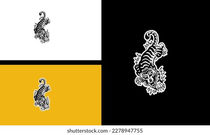 tiger angry and grass vector line art flat design