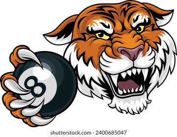 A tiger angry mean pool billiards mascot cartoon character holding a black 8 ball.
