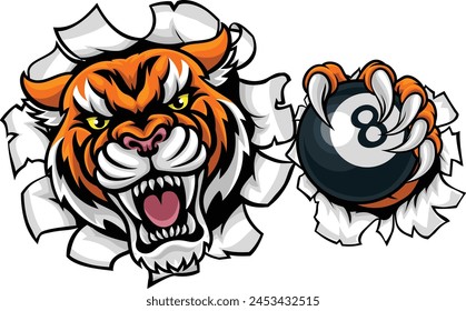 A tiger angry mean pool billiards mascot cartoon character holding a black 8 ball.
