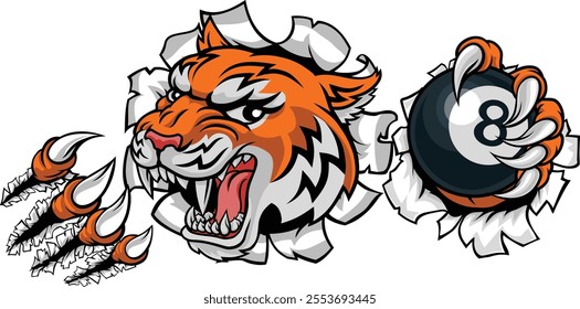 A tiger angry mean pool billiards mascot cartoon character holding a black 8 ball.
