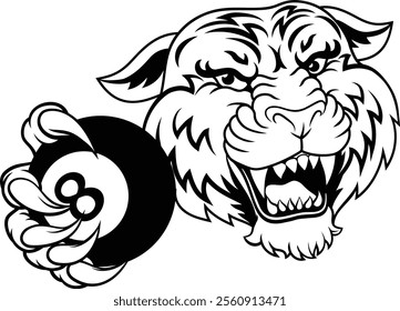 A tiger angry mean pool billiards mascot cartoon character holding a black 8 ball.
