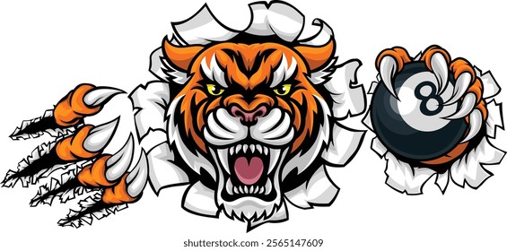 A tiger angry mean pool billiards mascot cartoon character holding a black 8 ball.
