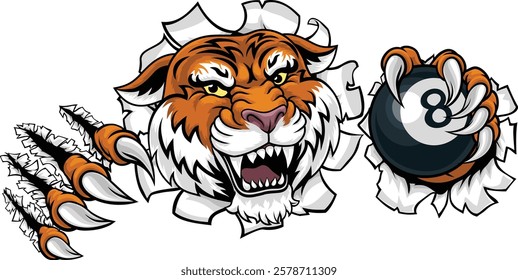 A tiger angry mean pool billiards mascot cartoon character holding a black 8 ball.
