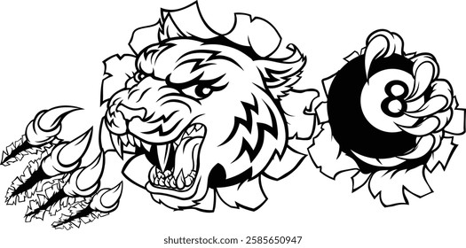 A tiger angry mean pool billiards mascot cartoon character holding a black 8 ball.
