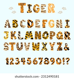 Tiger animal alphabet and numbers animal skin, Tiger print capital letters. Colorful children's alphabet. 