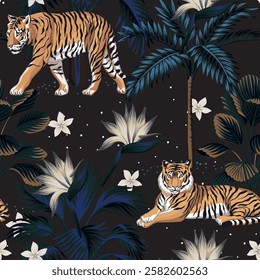 Tiger animal, banana tree, tropical palms, hibiscus flower dark seamless pattern. Exotic night botanical jungle wallpaper.