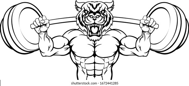 A tiger animal body builder sports mascot weight lifting a barbell 