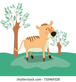 tiger animal caricature in forest landscape background vector illustration