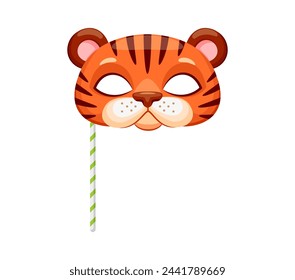 Tiger animal carnival party mask. Festival or birthday costume. Isolated vector photo booth prop, festive masquerade disguise of striped predator cat head. Mask for kids entertainment celebration