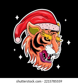 Tiger animal christmas theme Head with star Chinese oriental style in orange red tone for apparel, sticker, printable