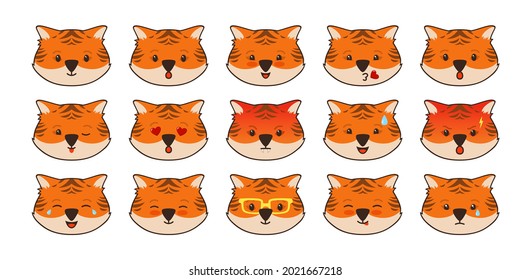 Tiger animal emoji faces set. Character tigers comic cute avatars cartoon set. Different emotions sad, crying, funny or angry, smiling facial icon. Mascot kawaii emoji vector