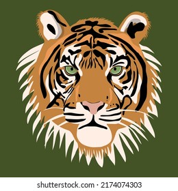 Tiger Animal Face. Vector Cute Bengal, Siberian Tiger Head Portrait. Realistic Fur Striped Beast Of Tiger. Predator Eyes Of Safari Wildcat. Big Cat Head On Beige Background