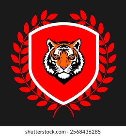 Tiger animal head shield design vector illustration, logo template isolated on black background