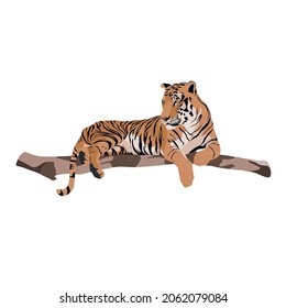 Tiger animal on a branch. Beautiful animal print design element for t-shirt. Fashionable poster for home decor.	