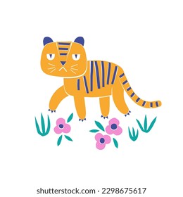 Tiger animal paper shape cutouts style vector illustration. Scandinavian childish wild tropical safari summer pre-made print design.
