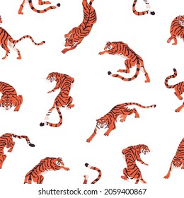 Tiger animal pattern. Seamless background with repeating print. Endless texture design with tropical wild big cats in different poses. Printable flat vector illustration for decoration and fabric