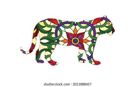 Tiger. Animal patterns with hand drawn doodle waves and lines. Vector illustration in bright colors.