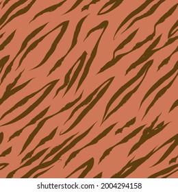 Tiger animal print in orange and brown tones, vectored and seamless pattern. Textile or paper safari pattern.