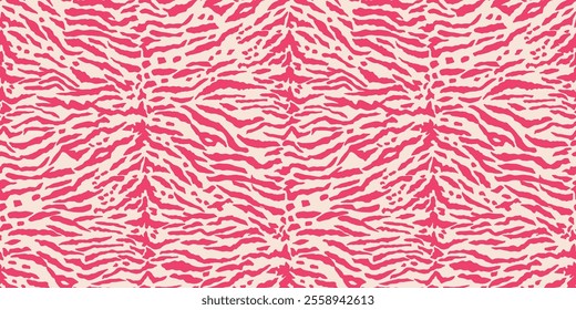 Tiger animal skin texture seamless pattern for textile in hot pink on white background. Vector stripes repeat fabric pattern