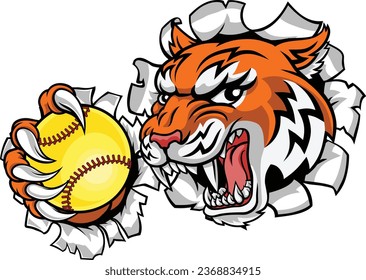 A tiger animal softball sports team cartoon mascot
