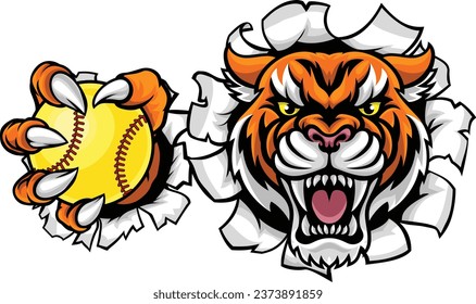 A tiger animal softball sports team cartoon mascot