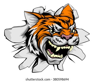 A tiger animal sports mascot bursting through a wall 