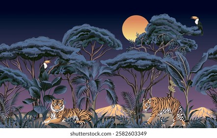 Tiger animal, toucan bird, palm tree, tropical palms, leaf,  African tree, moon landscape mural. Exotic night botanical jungle wallpaper.